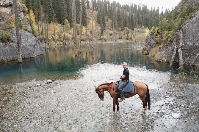 Kolsai and Kaindy lakes, via Charyn canyon. Private Day Tour from Almaty - Kaindy Lake at 10:00 AM: treed waters and three recommended viewpoints